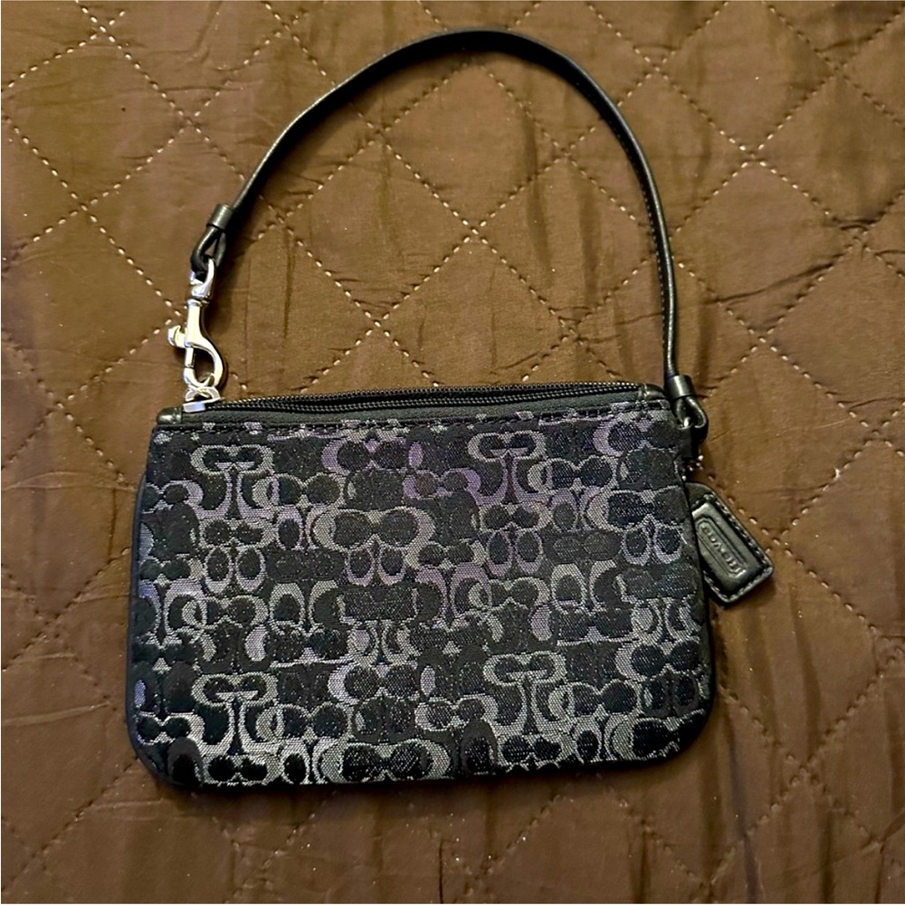 Coach Monogram Wristlet in Black silver with Metallic Elements and leather strap